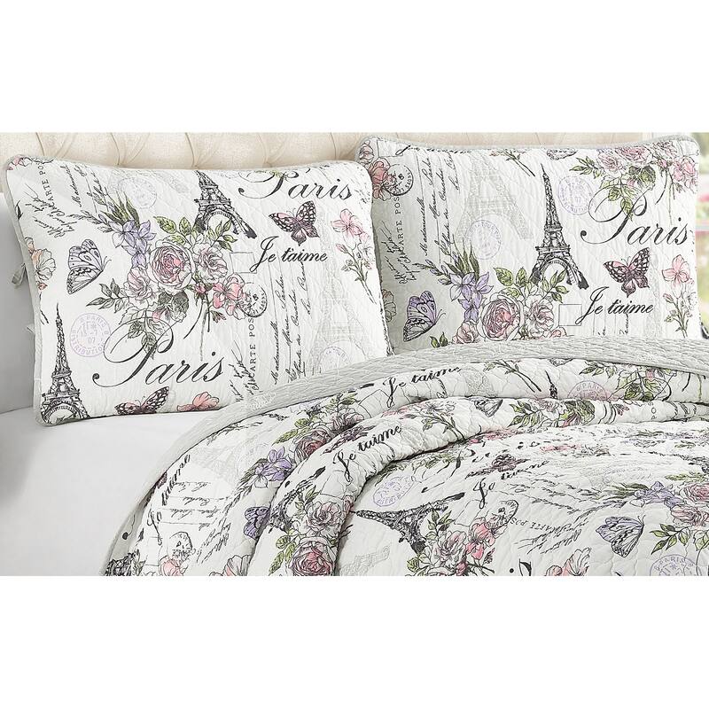 Paris Floral Pink Cotton 3-Piece Reversible Quilt Set