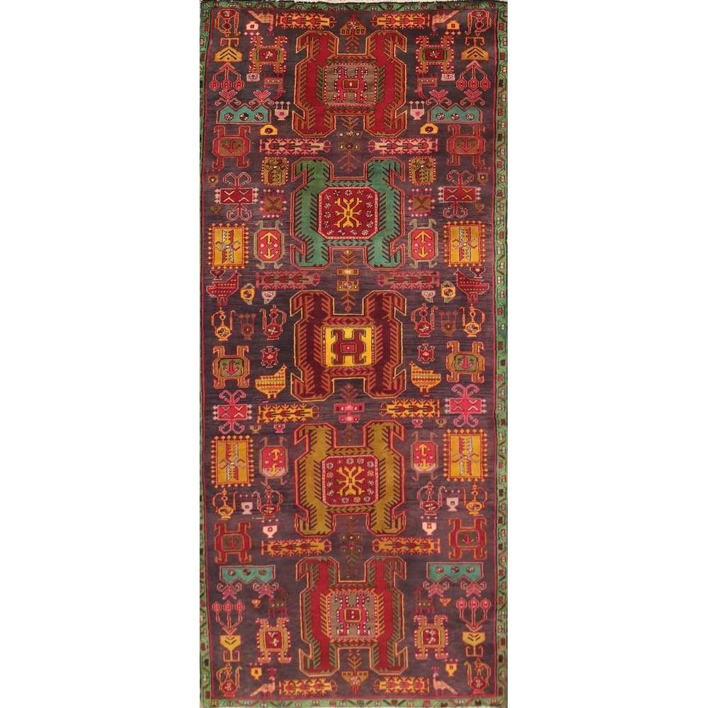 Hand Knotted Oriental 100% Wool Carpet Traditional Tribal Purples Ardebil Runner Rug - 9' 6'' X 3' 5''