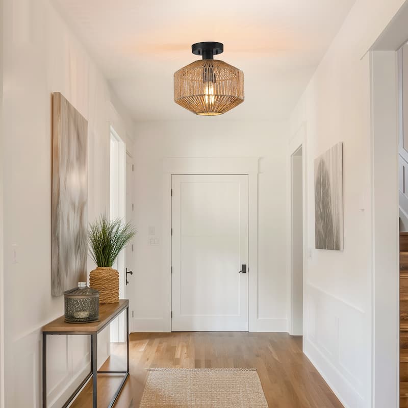 True Fine Bohemian Natural Jute Rope Semi Flush Mount Ceiling Light with Black Hardware