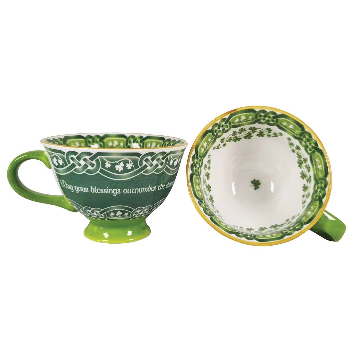 15oz Green and White Bone China Latte Cup Featuring Irish Blessing and Shamrock Motifs