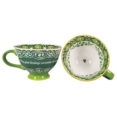 15oz Green and White Bone China Latte Cup Featuring Irish Blessing and Shamrock Motifs