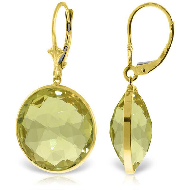 14K Solid Gold Leverback Gemstone Earrings Round Lemon Quartz Gemstone - Yellow
