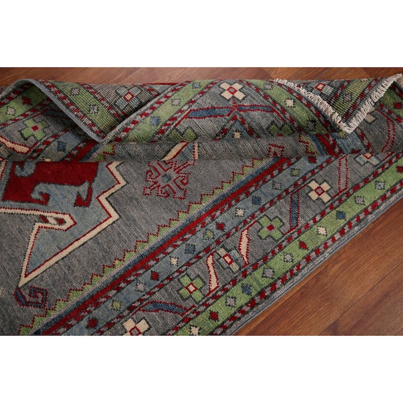 Kazak Accent Rug Hand-Knotted Grey Geometric Wool Carpet - 3'4" x 5'0"