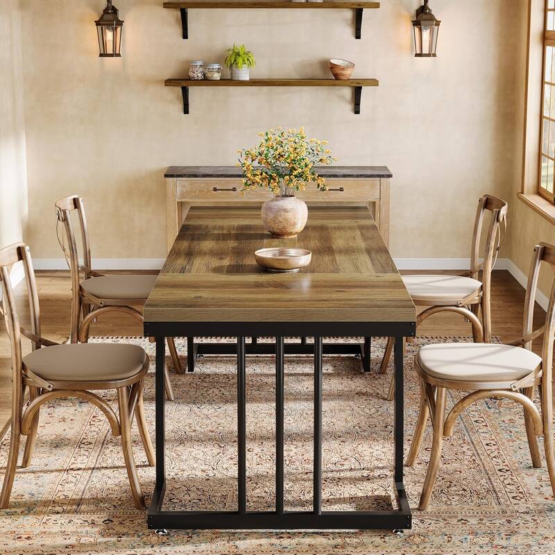 63" Farmhouse Dining Table for 4-6 People, Rectangular Kitchen Furniture, Rustic Brown & Black