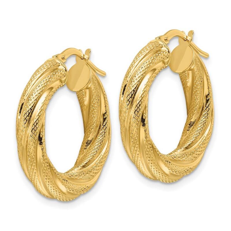 Curata 14k Yellow Gold Polished Textured Twist Round Hoop Earrings - 24.9x23.6mm