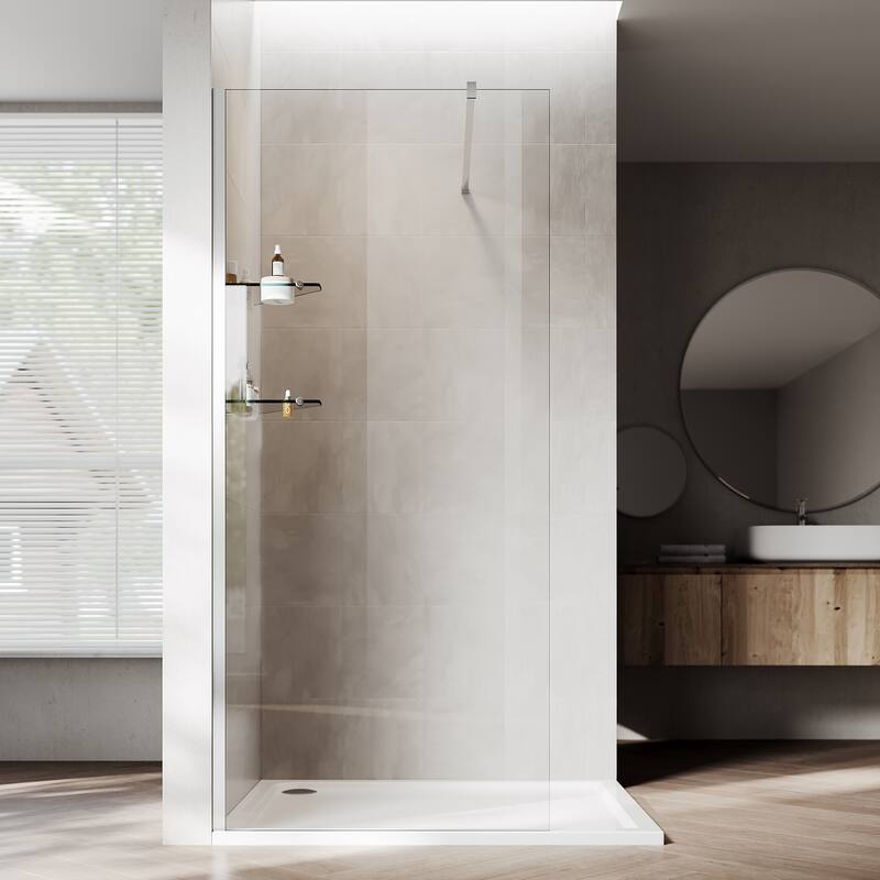 Elegant Frameless Fixed Glass Panel Shower Door 74inch High with 5/16inch Clear Tempered Glass with 2 Corner Shelves