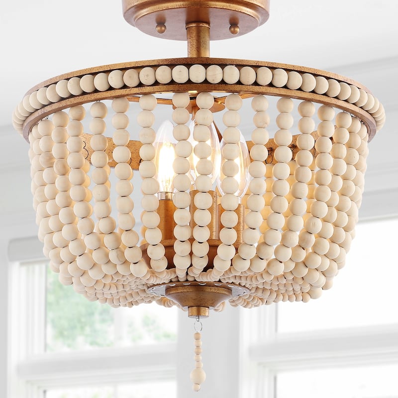 Georgian Wood Beaded/Metal LED Flush Mount, by JONATHAN Y - Antique Gold