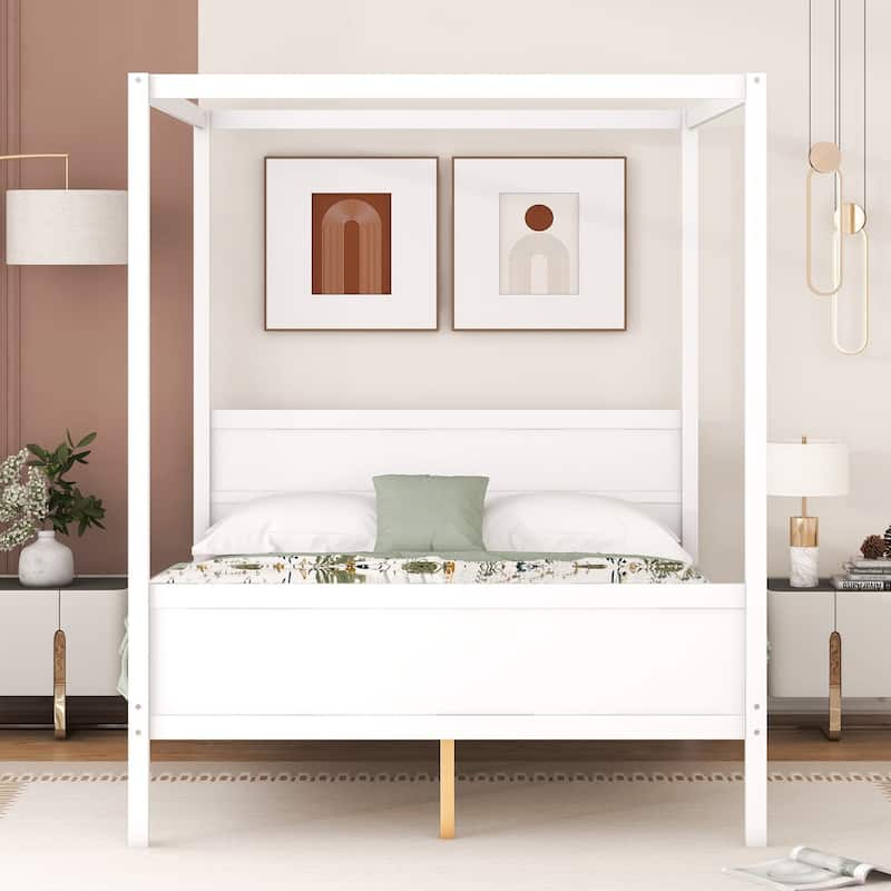 Queen Size White Canopy Platform Bed with Headboard, Footboard and Slat Support