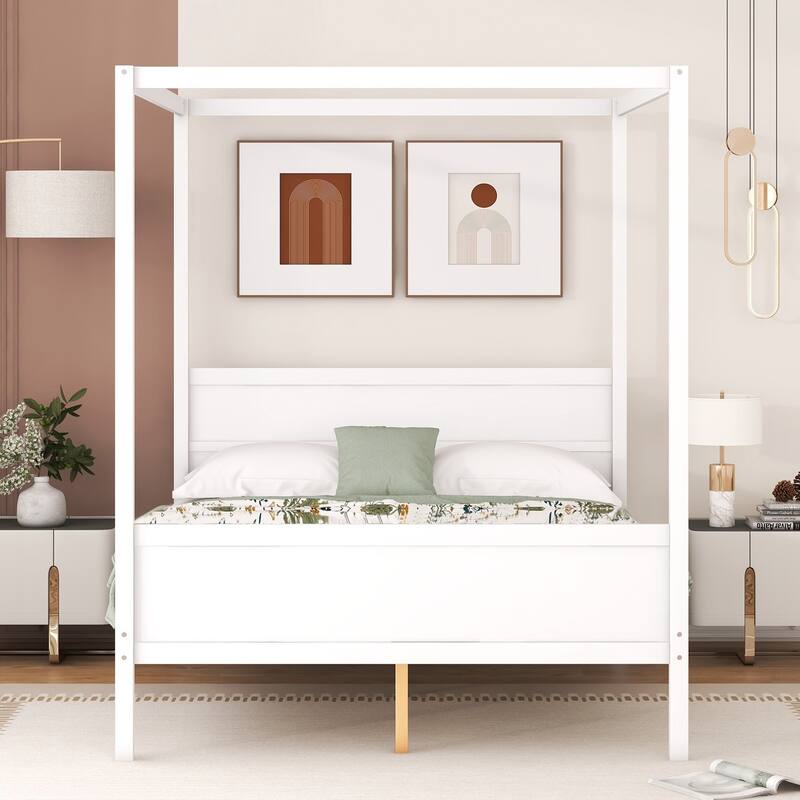 Wooden Queen Size Canopy Bed with Headboard and Footboard, Four Poster Platform Bed, Solid Pine Queen Canopy Bed Frame - White - Queen