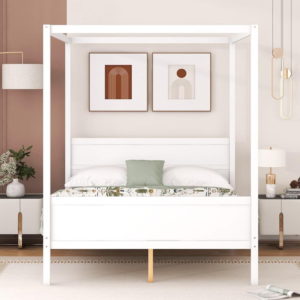 Wooden Queen Size Canopy Bed with Headboard and Footboard, Four Poster Platform Bed, Solid Pine Queen Canopy Bed Frame