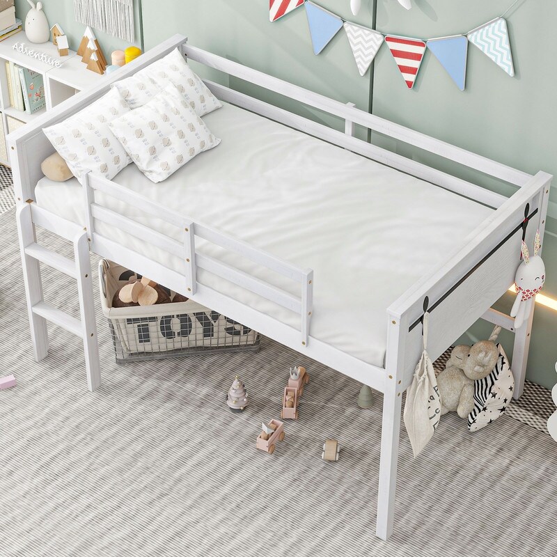 Twin Size White Wood Loft Bed with Hanging Clothes Racks and Playful