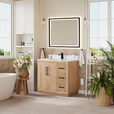 Floral Single Bathroom Vanity in Light Brown with Calacatta White Quartz Countertop with Mirror