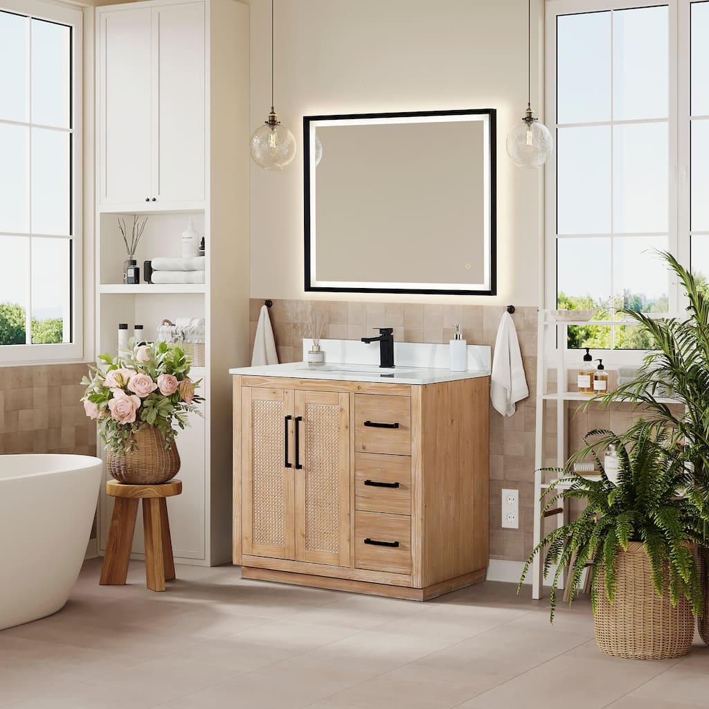 Floral Single Bathroom Vanity in Light Brown with Calacatta White Quartz Countertop with Mirror