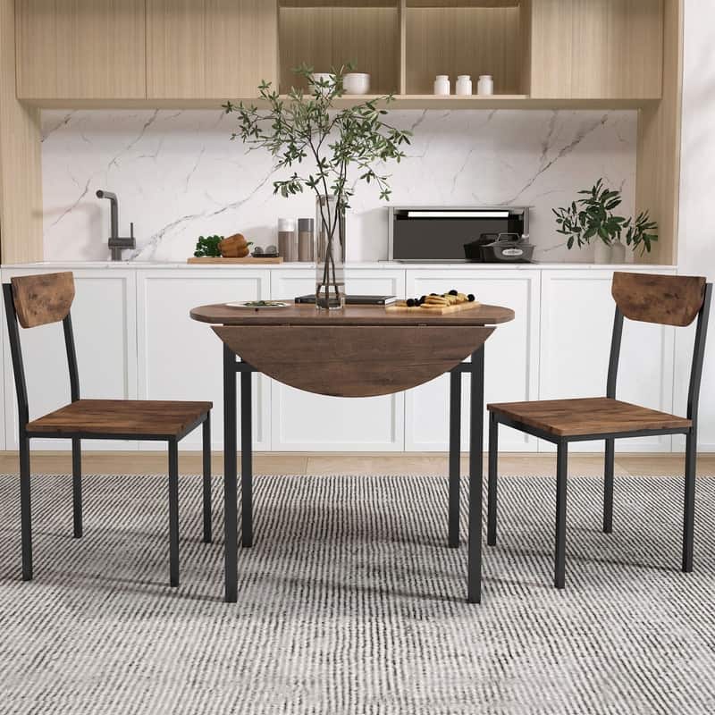Rustic 3-Piece Round Dining Table Set with Drop Leaf and 2 Chairs