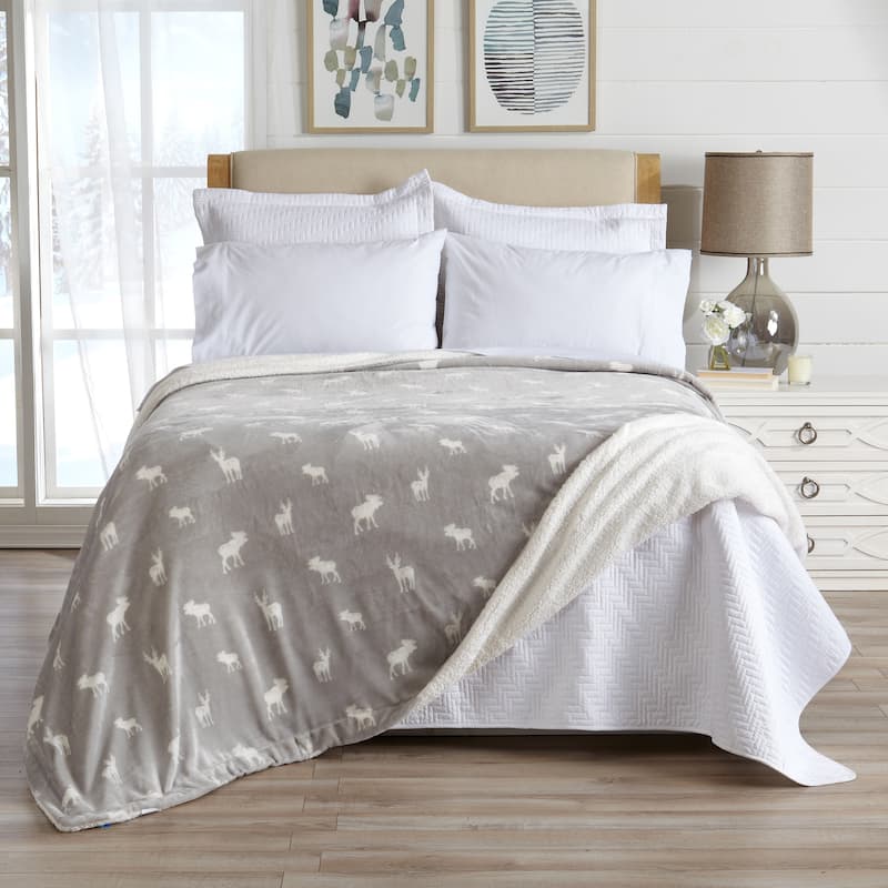 Luxurious Velvet Plush Fleece Reversible Sherpa Bed Blanket - Full / Queen - Grey Moose