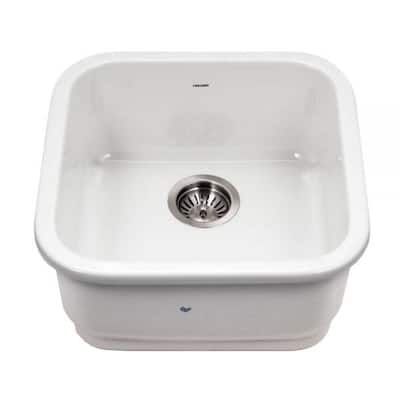 Houzer Platus 19 inch White Fireclay Undermount Square Bar Sink with Strainer & Grid