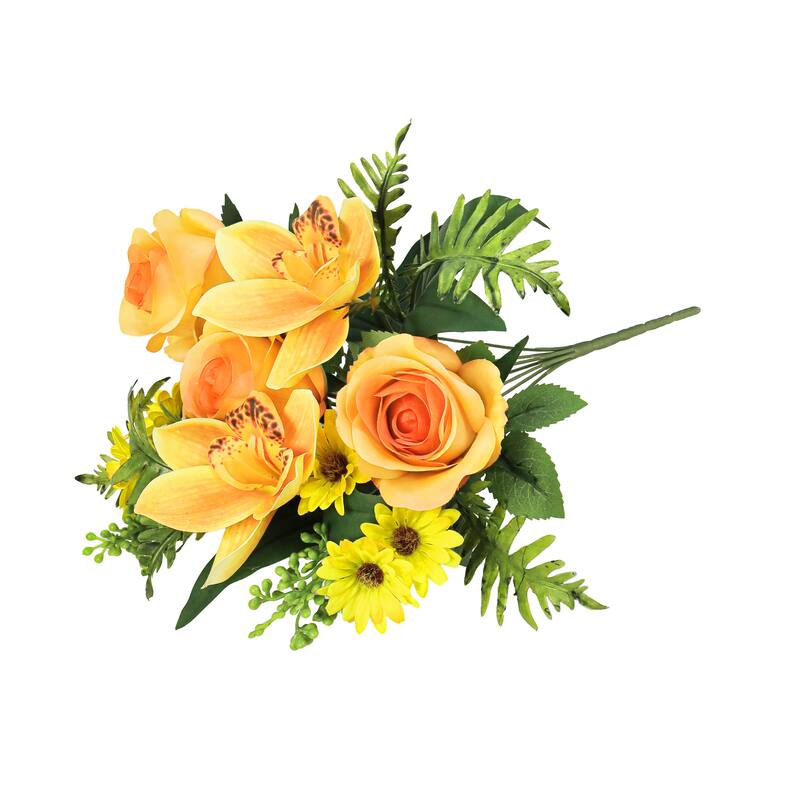 Set of 2 Yellow Orange Artificial Mixed Rose Cymbidium Orchid Daisy Flower Stem Bush Bouquet 16in - 16" L x 9" W x 9" DP