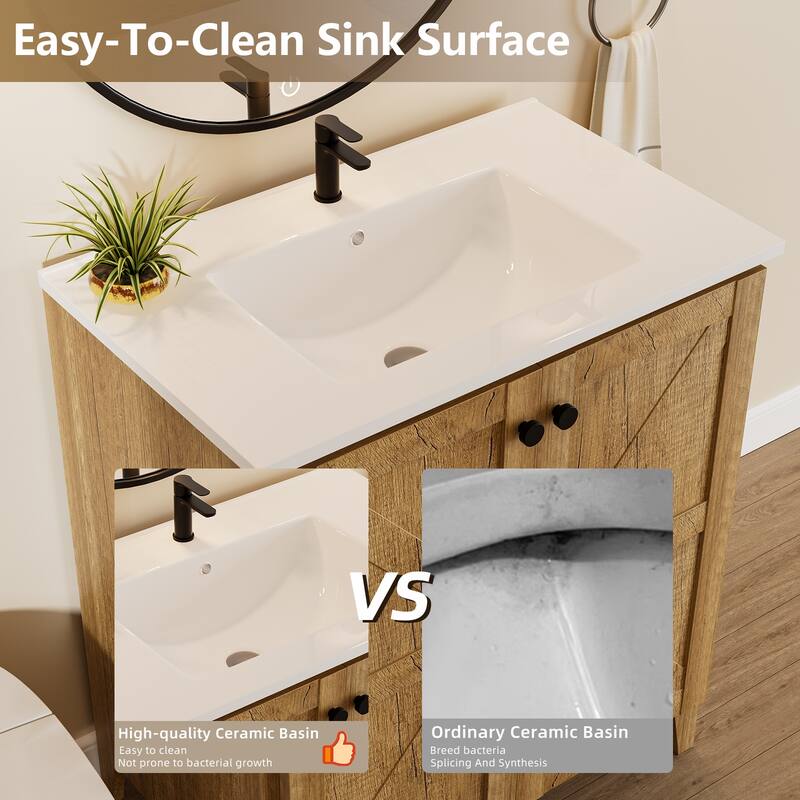 30 Inch Folding Bathroom Floor Cabinet with Ceramic Sink, 1-Minute Tool-Free Install, Space-Saving Freestanding Vanity