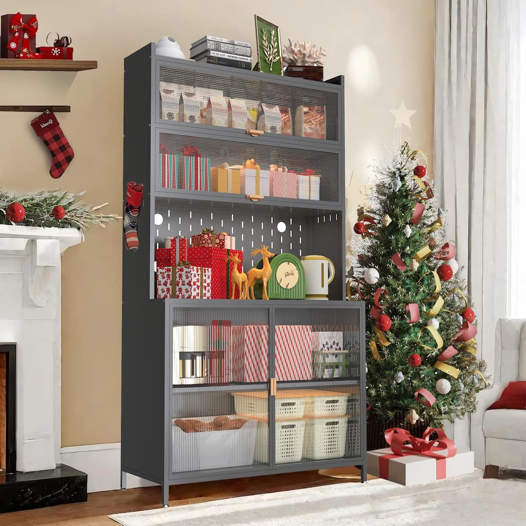 Anmytek 73'' Gray Metal Kitchen Pantry Cabinet with Shelves Enclosed Storage for Kitchen, Dining Room