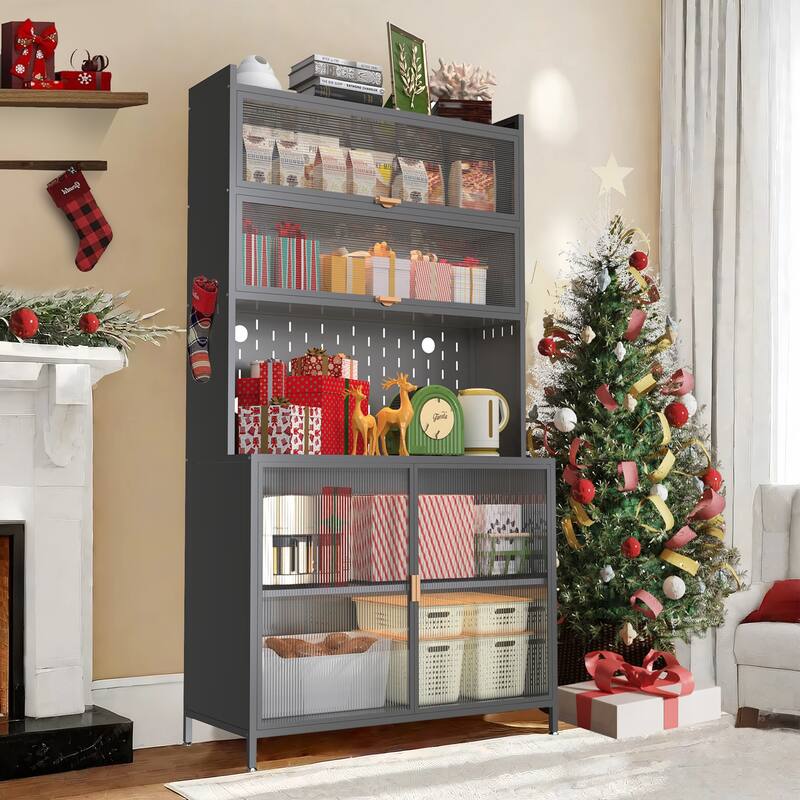 Rossetta 6-Tier Anti-Tip Design Flip Door Kitchen Pantry Cabinet with Pegboard Metal, Adjustable Shelves