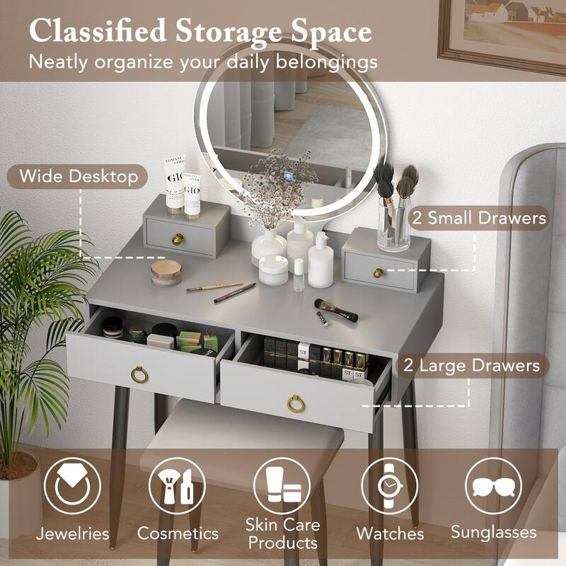 Costway Vanity Makeup Dressing Table Stool Set 3-Color Lighted Mirror - See Details