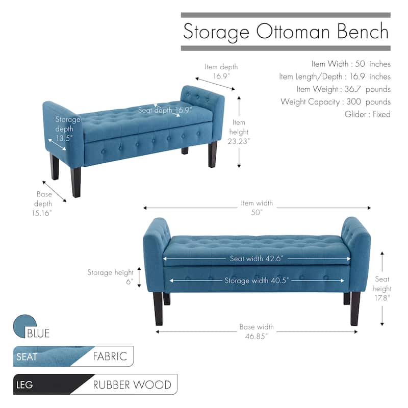 Porthos Home Inari Fabric Flip Top Storage Ottoman Bench with Rubberwood Legs