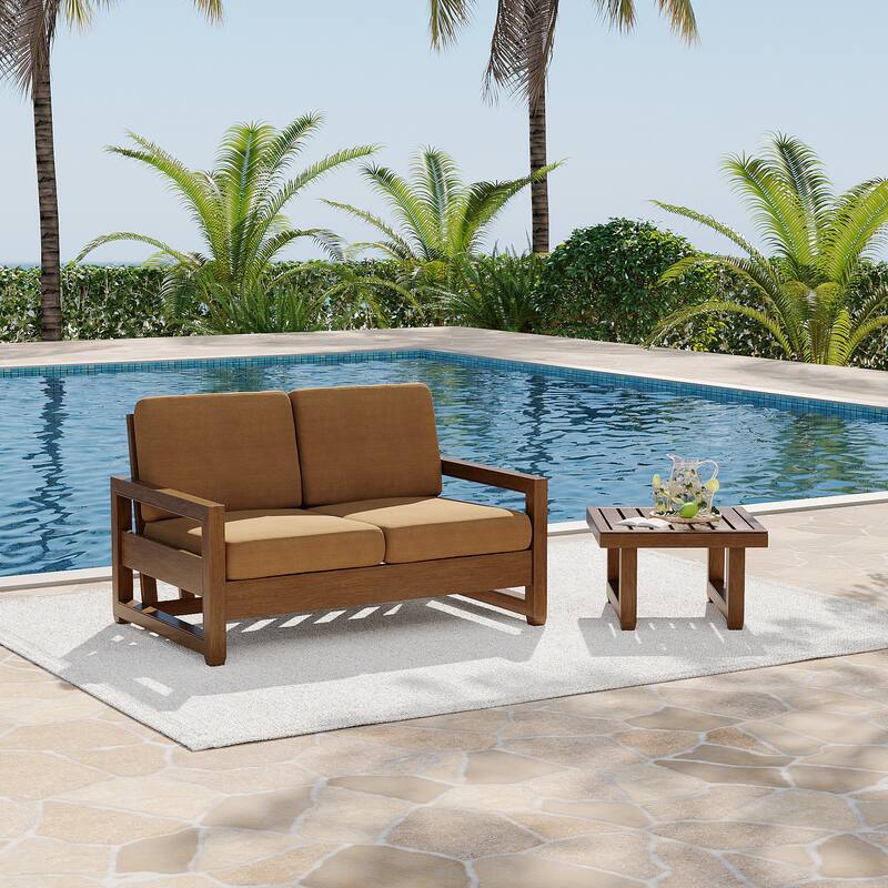 Teak Loveseat Patio Set with Cushions and Table (2-Piece)