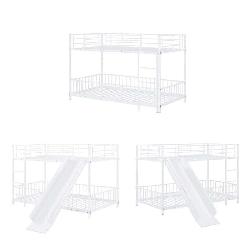Twin over Twin Metal Bunk Bed with Slide, Guardrails & Convertible Loft Design - White