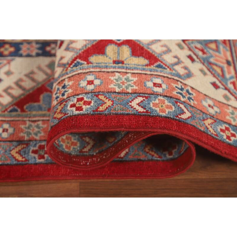 Geometric Kazak Area Rug Hand-Knotted Red Wool Carpet - 6'5" x 9'10"