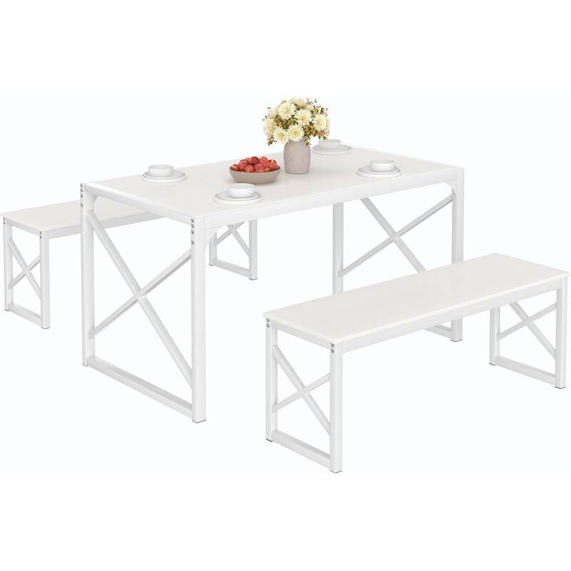 55" Dining Table with Benches Kitchen Table set for 4 Rectangular Dining Room Table Set with 2 Metal Wood Benches