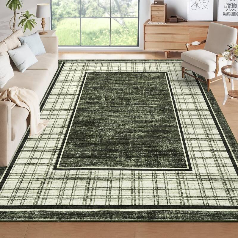 Modern Bordered Rug Farmhouse Plaid Area Rugs for Living Room Bedroom, Indoor Accent Carpet Home Decor - 10'x13' - Green
