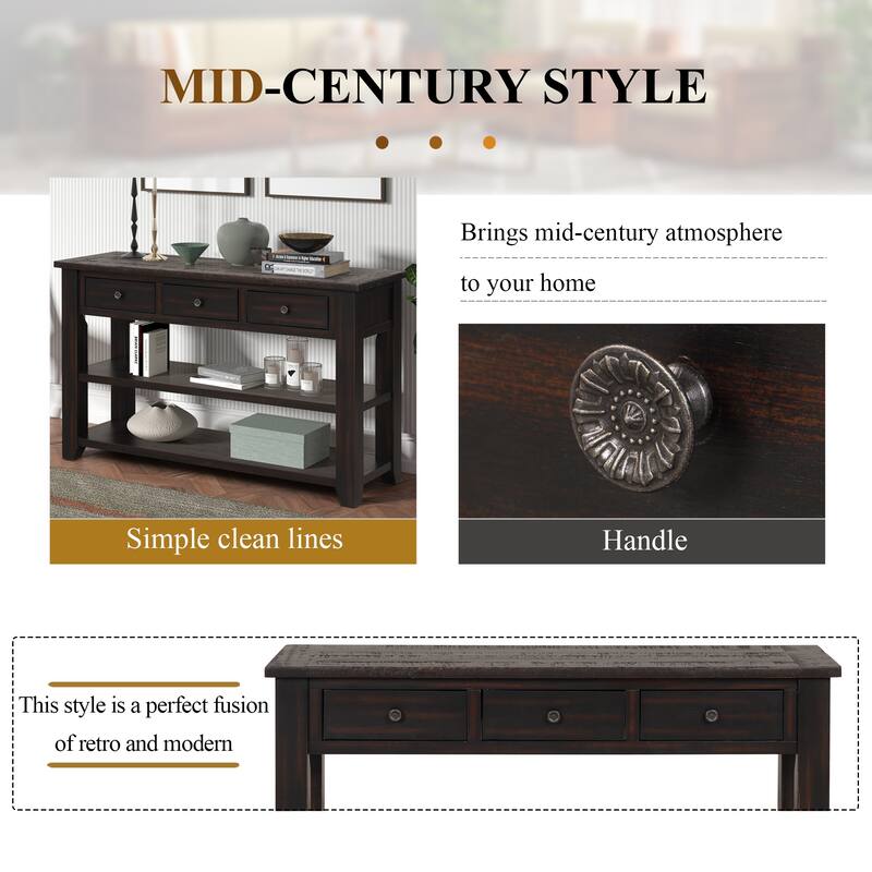 48'' Solid Pine Wood Top Console Table, Modern Entryway Sofa Side Table with 3 Storage Drawers and 2 Shelves