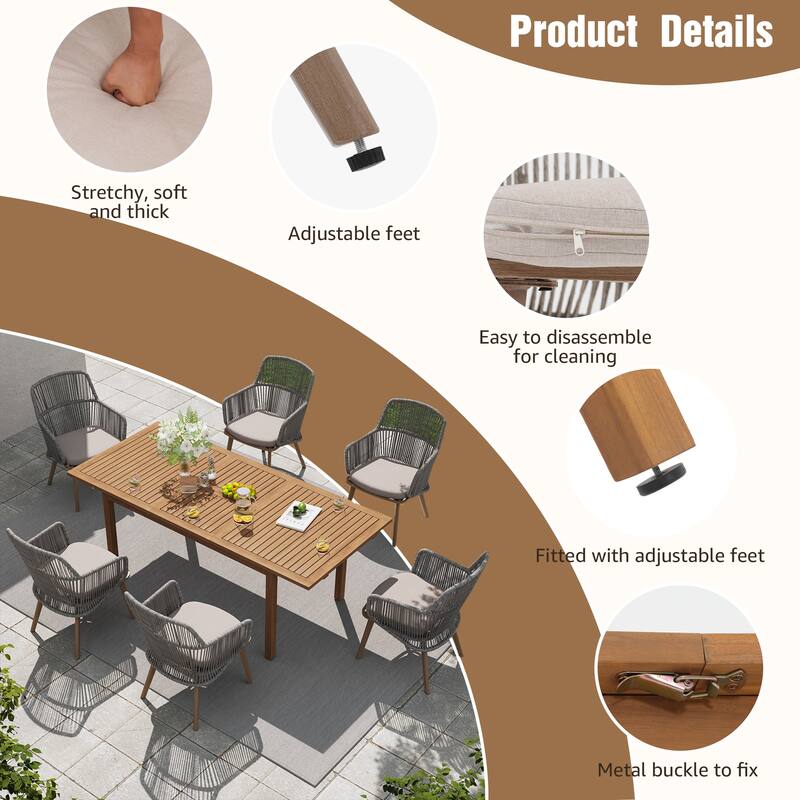 Outdoor Patio Dining Set PE Wicker Arm Chair and Extendable Dining Table (7-Piece Set)