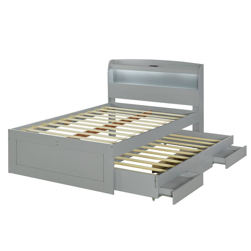 Full XL Size Platform Bed with Storage LED Headboard, Charging Station, Twin Size Trundle, and 2 Drawers
