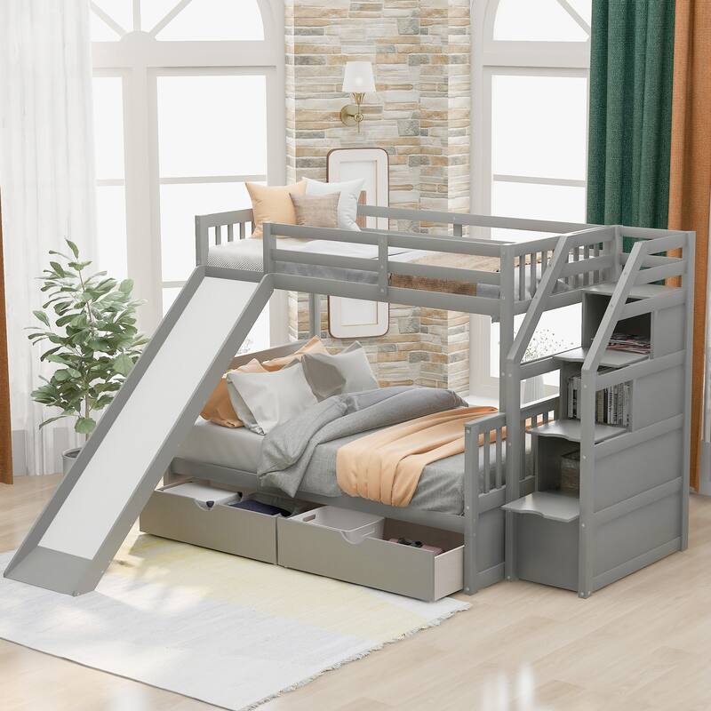 Twin over Full Bunk Bed with Drawers,Storage and Slide