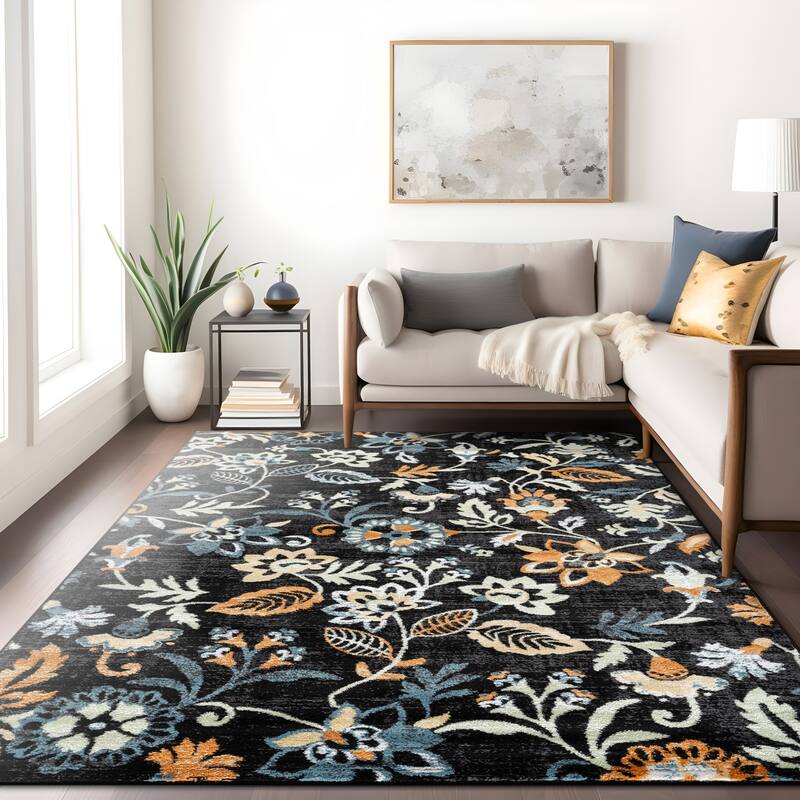 Beige Multi Vine Floral Stylish and Durable Area Rug - Black - 7' 10" x 10'