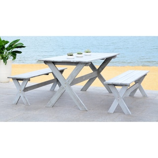 SAFAVIEH Outdoor Living Marina Grey 3-piece Table and Bench Dining Set - 35"W x 59"D x 30"H