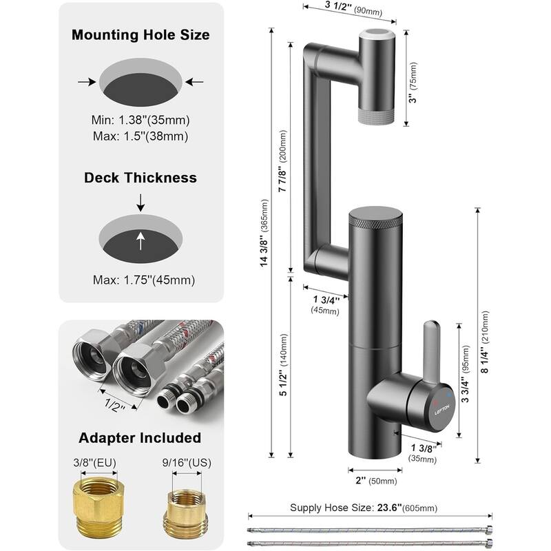 Lefton Rotatable Single Hole Bathroom Sink Faucet with Built-in Filter, Temperature Display in Fahrenheit, 2 Water Modes