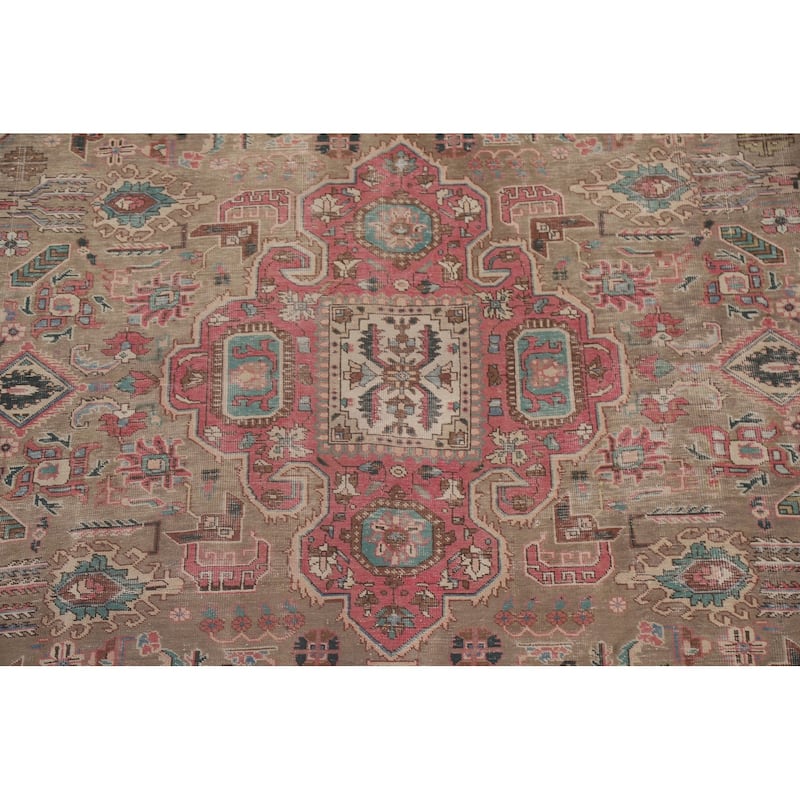 Brown Distressed Tabriz Persian Antique Area Rug Handmade Wool Carpet - 9'2" x 12'10"
