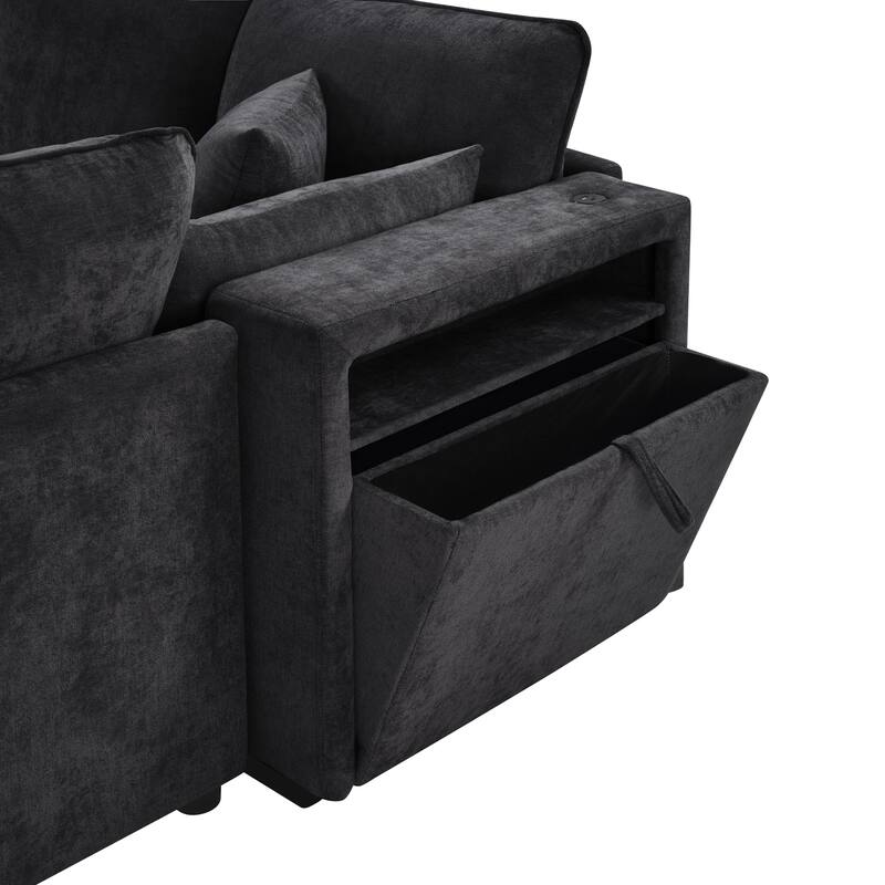 Smooth Chenille Sectional Sofa U-Shaped Modular Sofa Bed L-Shaped Couch with Movable Ottoman, Storage Armrests and USB Ports