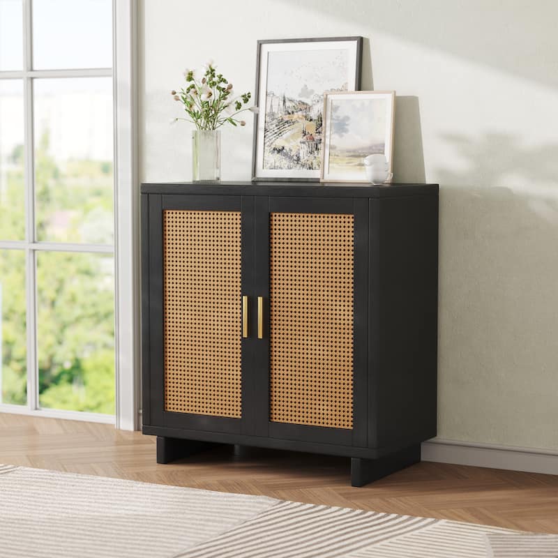 Mid-Century Modern Rattan Sideboard Storage Accent Cabinet with 2 Door - Black
