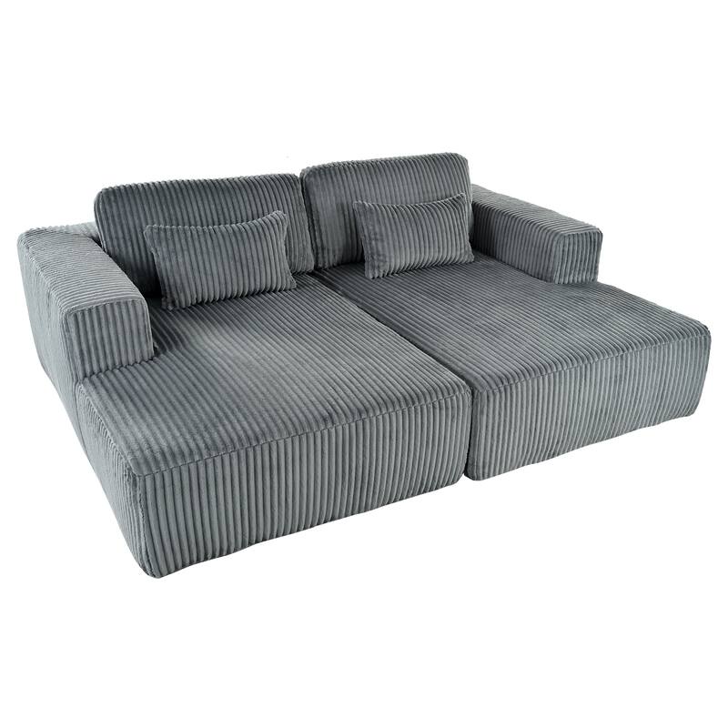 86.6" Corduroy Double Sofa Bed with 2 Pillows and Split Lounger Design