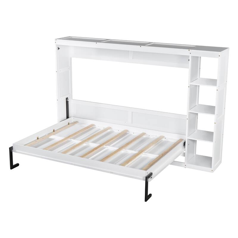 Full Size Murphy Bed Cabinet with Bookshelf, Space-Saving Foldable Wood Wall Bed Frame w/Hidden Bed Foundation & Slats Support