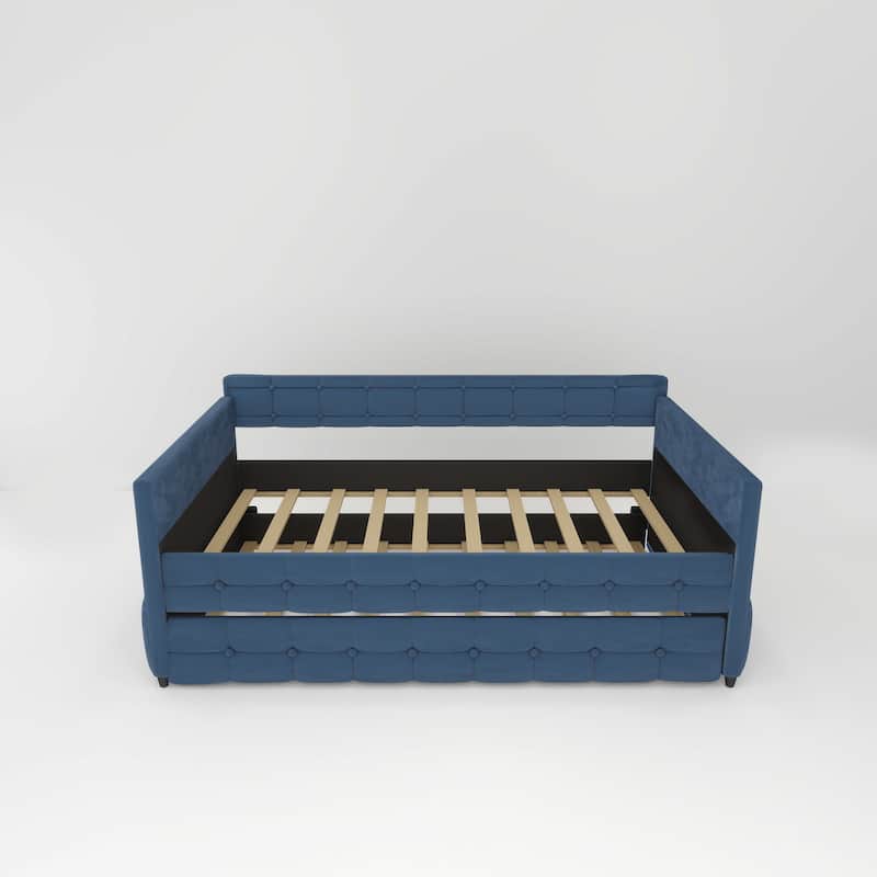 Daybed with Trundle, Velvet Upholstered Twin Size Day Bed Pull-Point Sofa Daybed Frame w/Twin Trundle, No Box Spring Needed,Blue