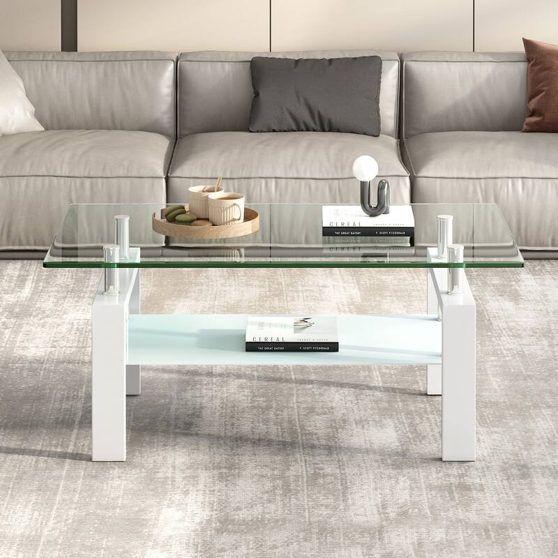 Tempered Clear Glass Coffee Table, 2-Layers Coffee Table Living Room Center Table