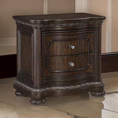 Joni 31 Inch Nightstand, Bow Front 2 Drawers, USB Port, Dark Cherry Brown