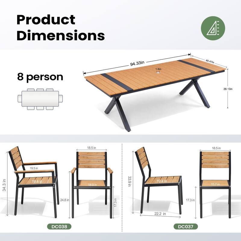 9/11PC Aluminum X Frame Outdoor Patio Dining Set Umbrella Hole Table with Stackable Chairs - N/A