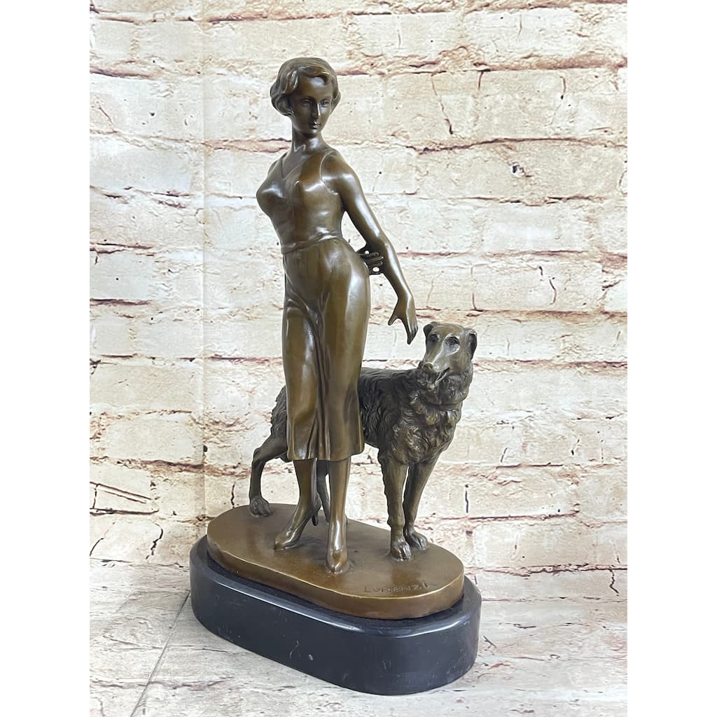 Art Deco Girl With Dog Bronze Statue Sculpture Figure Lorenzl 14 Inches X 8 Inches
