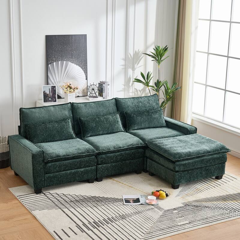 L Shaped Sectional Sofa with Movable Ottoman, Chenille Upholstered 4 Seater Sofa, Cloud Deep Seat Couch with Lumbar Pillow - Green