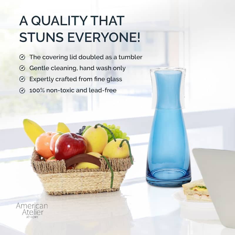 American Atelier Bedside Blue Water Carafe with Clear Tumbler - 33-Ounce Pitcher